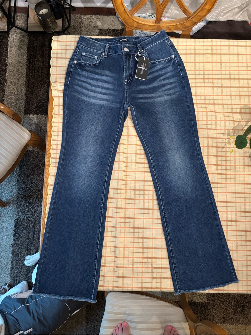 Mid-Rise Dark Blue Flare Jeans with Raw Hem